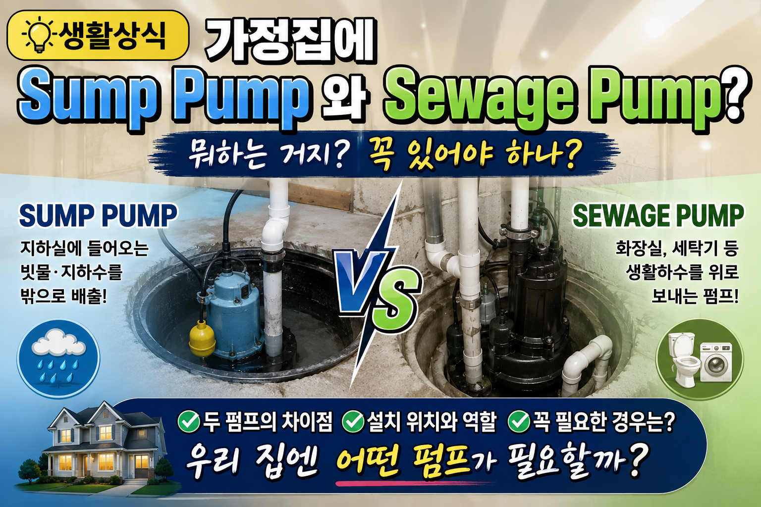 가정집에 Sump Pump 와 Sewage Pump? 뭐하는 거지? 꼭 있어야 하나?