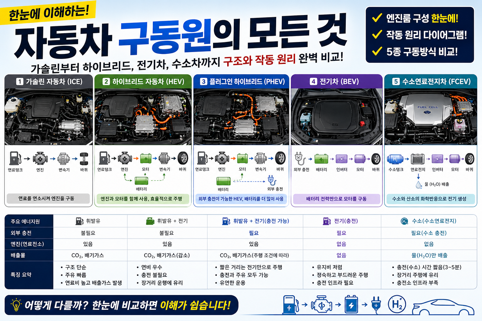 구동원으로 비교해 보는 자동차 종류 – 가솔린차, 하이브리드, PHEV, 전기차, 수소차까지 한눈에 이해하기